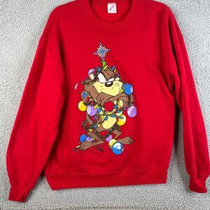 VTG Taz Looney Tunes Sweatshirt Men Large Ornaments Red Pullover Sweater Jerzees